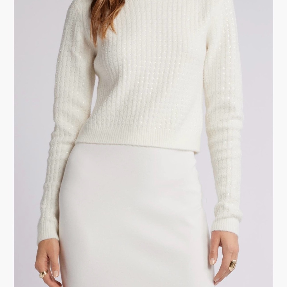 Open Edit Ivory Crewneck Sweater with Subtle Bead Texture